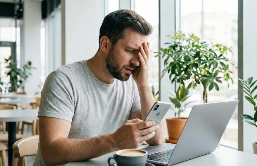 Mees vaatab telefonis aeglast kodulehte ja on pettunud. 5 viga sinu kodulehel, mida vältida
