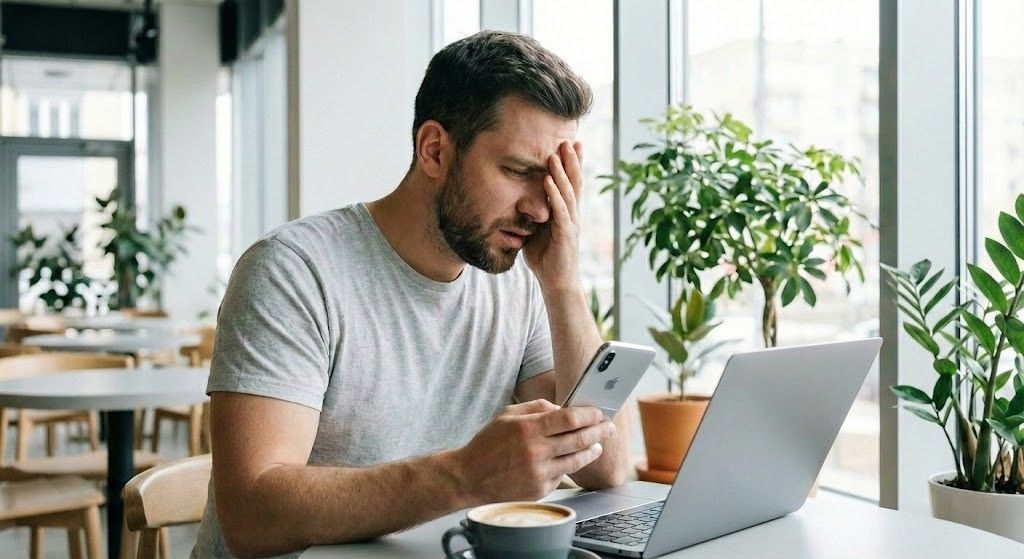 Mees vaatab telefonis aeglast kodulehte ja on pettunud. 5 viga sinu kodulehel, mida vältida